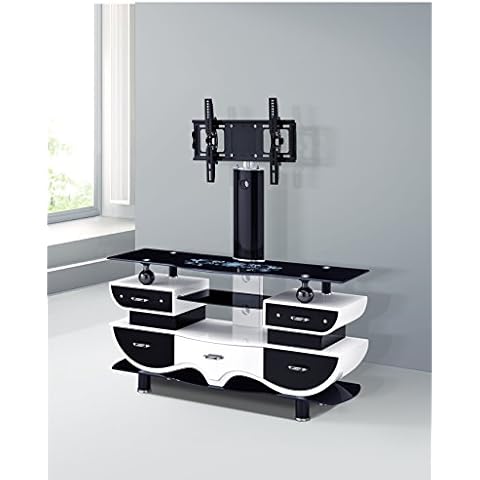 Black & White Gloss Finish TV Stand with Mounted Bracket for 32''- 60'' LCD/LED/Plasma TV's - 35° Swivel Bracket, 5 Drawers & 1 Shelf. Black Tempered Glass & Cable Management - Holds 50 KG Cover
