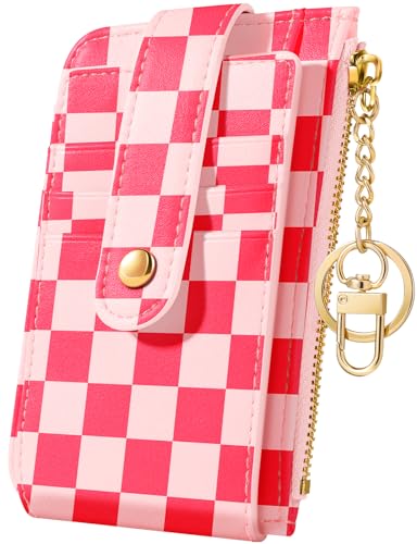 Bistup Credit Card Holder Wallet for Women - Cute Small for Ladies Teen Girls Female Rfid Checkered Plaid Leather Cardholder Wallets Organizer Purse Girly Aesthetic Print Unique Zipper