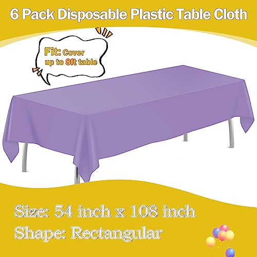 Image of tujol Lavender 6 Pack Plastic Table Cloth 54 inch x 108 inch, Disposable Tablecloths Rectangle Table Cover, Plastic Tablecloths for Parties