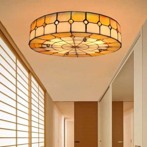 V-intage - Ceiling Light Hand-Made Stained Glass Shade 16'' Round Mount Flush Mount Lighting Fixtures Art Deco Chandelier