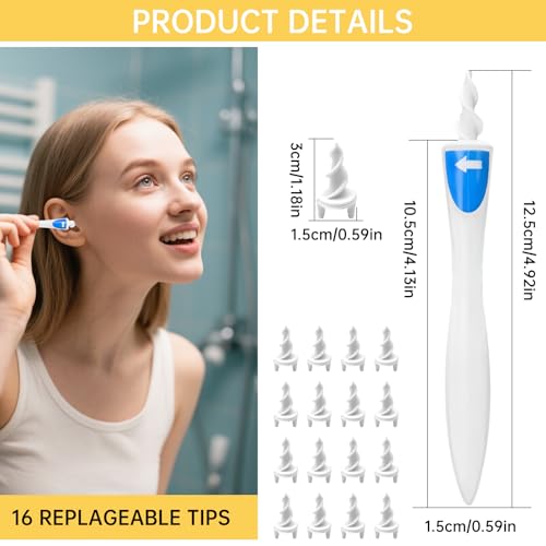 Ohrreinigungsset,360°Spirale Silikon Ohrreinige,Ohrenschmalz Entferner Kinder,Ohrreiniger für Erwachsene,Festsitzender Ohrenschmalz,Sicheres und Weiches Ear Cleaner mit 16 Abwaschbaren Ersatzköpfen