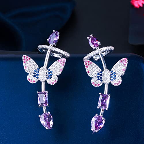 Ovast Earrings Romantic Purple Amethyst Butterfly Cz Stone Silver Color Long Ear Cuff Fairy Stud Earring For Women Engagement Jewelry Fashion Earrings (Metal Color : Romantic Butterfly) #TOP4