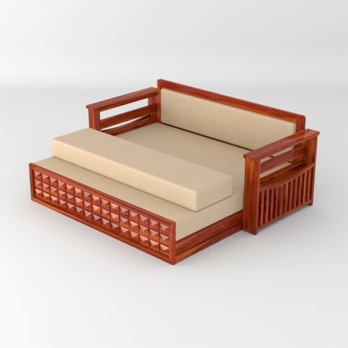 Image of Solid Sheesham Wood Sofa Cums Bed with Mattress & Storage | Rosewood Convertible Sofa Bed for Living Room & Bedroom (D-Honey, 3 Seater)
