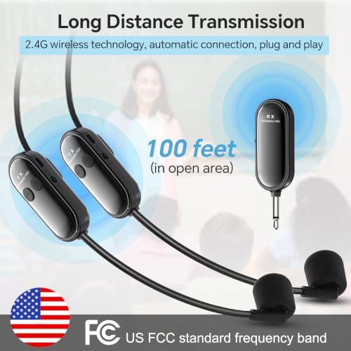 Wireless Headset Microphone System Double: 2.4G Cordless Mic Head for Two People, Head Handheld Mic - USB-C Rechargeable, 1/4'' and 1/8'' Plug for PA System, Voice Amplifier, Teaching, Fitness — view 2
