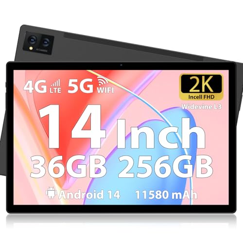 FORUSER Tablet 14 Zoll Android 14 mit Incell 2K Tablets, 36(12+24) GB RAM +256GB ROM (2TB TF), 11580mAh Akku, Octa-Core, 4G Dual SIM/5G WiFi/GPS,mit Stift und Hülle(Schwarz)