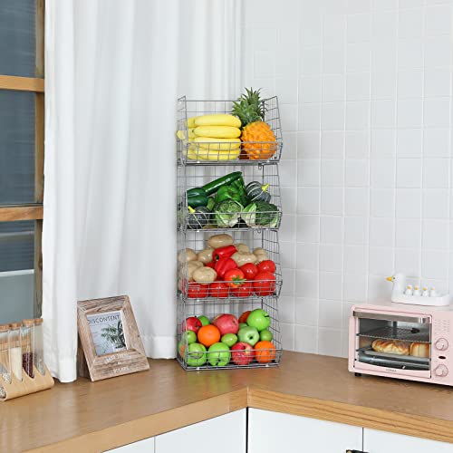 4 Tier Closet Hanging Organizer, Clothes Hanging Shelves With 5 S Hooks, Closet Organization And Storage Wire Basket Bins, For Clothing Sweater Shoe Handbag Clutches Accessories Patent Design-Silver #TOP7