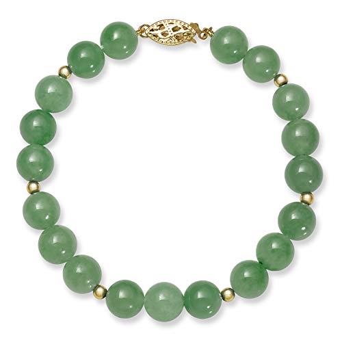 14k Gold Natural Green Jade Bead Bracelet, 7.5"