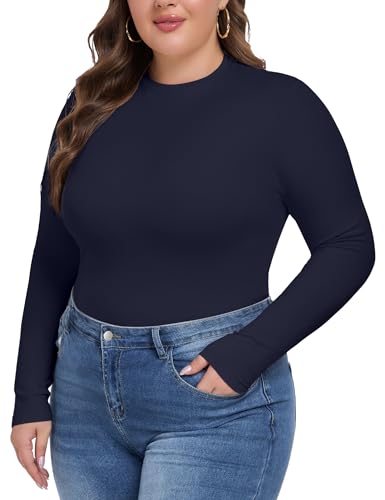 COOTRY Women's Plus Size Long Sleeve Shirts Crew Neck Slim Fitted Basic Top