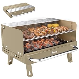 Outsunny Portable BBQ Grill, Charcoal Barbecue Grill with Adjustable Grates, Foldable Legs and Side Shelf for Camping Hiking Picnic Travel Garden Outdoor Cooking, Khaki