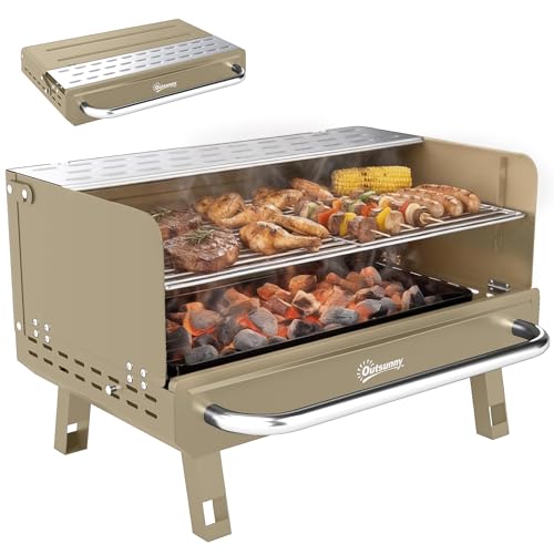 Parrilla portátil Outsunny, parrilla de carbón con rejillas ajustables, patas plegables y estante lateral para acampadas, excursiones, picnics, viajes, jardines y cocina al aire libre, color caqui.