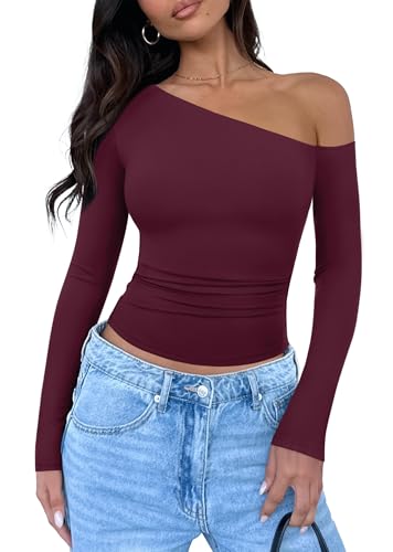 REORIA Womens Trendy Long Sleeve Shirts Double Lined Casual Slim Fitted Tee Y2K 2025 Fall Going Out Off The Shoulder Tops Burgundy