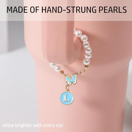 Image of Accessories for Stanley Cup Pearl Chain Initial Accessoriess for Handle Stuff Decor Water Bottle Jewelry Tumbler Cute Simple Modern Personalized Name ID Decorations Letter Blue Tag L