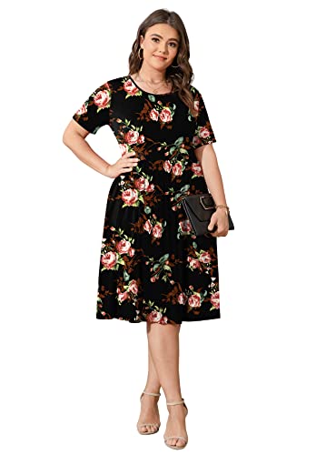 Image of POSESHE Womens Plus Size Summer Dress 2026 Casual Short Sleeve Empire Waist Loose Fit Swing T-Shirt Dress with Pockets