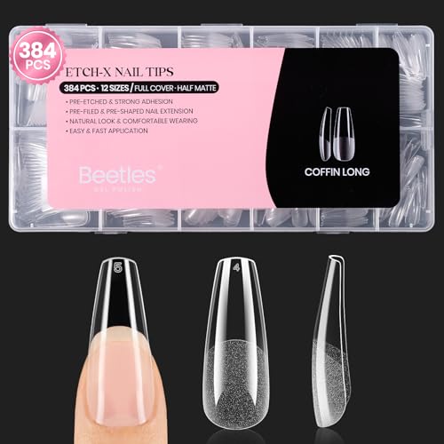 Image of Beetles Gel Nail Tips Etch-X- Coffin Long, 384pcs 12 Sizes Pre-Etched | Half Matte Full Cover Soft Gel Nail Tips, Press on False Nail Extension Acrylic Fake Nails, Easy DIY Salon Art