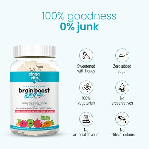 Image of Zingavita DHA Brain Gummies with Honey for Kids (2+ years), Power of KSM-66 Ashwagandha Extracts for Enhanced Brain Health,100% Veg, No Added Sugar, Pack of 2 | 30 Gummies (Strawberry?Lemon)