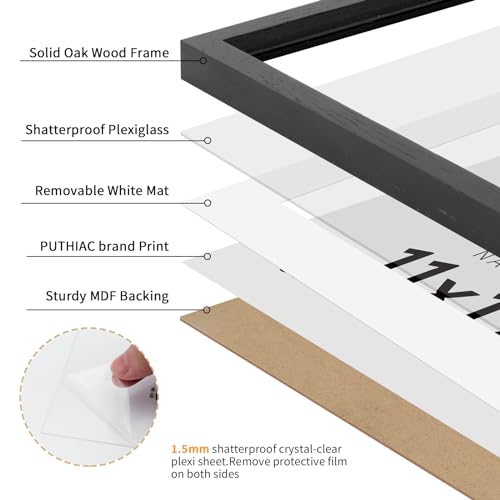 puthiac 11x17 Black Oak Wood Picture Frame - Minimalist 11x17 Poster Frame, 11"x17" Frame Wood, Natural Solid Wooden Picture Frames for Wall Art Photo and Prints (1 Pack, Black)