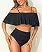 Tempt Me Women Black Two Piece High Waisted Bikini Set Swimsuit Off Shoulder Ruffle Bathing Suits Tummy Control Ruched Swimwear XL
