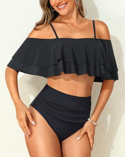 Tempt Me Women Two Piece High Waisted Bikini Set Swimsuit Off Shoulder Ruffle Bathing Suits Tummy Control Ruched Swimwear3