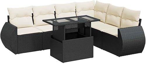 Miniatura 2 de 7-Piece Garden Sofa Set Black and Cream White with Adjustable Tabletop, UV Water Resistant Outdoor Furniture for Patio Balcony, Spacious Seating
