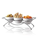 Ceramic Serving Bowls with Metal Rack - Round White Bowls Party Display Set for Serving Snacks, Appetizers, Candy, Nuts and Dips