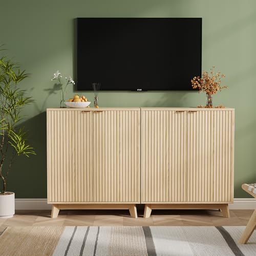 Sideboard Buffet Cabinet with Storage, Modern Fluted Accent Credenza with Doors & Adjustable Shelves, 31.5" Wood Coffee Bar Console Table for Living Room, Dining Room, Kitchen, Entryway, Natural Oak