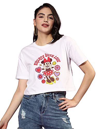 Image of JUNEBERRY Official Disney Minie Mouse Women's Comfortable & Fashionable Graphics Printed Round-Neck Drop-Shoulder Sleeves Relaxed Fit Crop T-Shirt for Girls (White & Black)