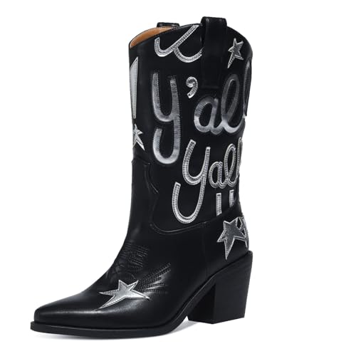 Women's Metallic Embroidery Western Knee High Boots Pointed Toe Chunky Heel Cowboy Boots Comfortable and Stylish Mid Calf Cowgirl Boots