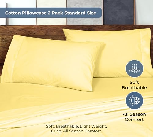 Image of ROYALE LINENS 100% Organic Cotton Percale Pillowcases Set of 2 - Queen Size Percale Pillowcase - Queen Set of 2 Pillow Cover - Breathable, Cool & Crisp Pillow Cases (20 inchx30 inch, Yellow)