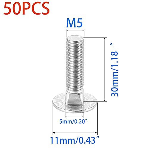Image of 50 Pcs Carriage Bolts, Coach Bolts,Neck Carriage Bolt, Round Head, Square Neck, Zinc Plated （M5-0.8x30mm）
