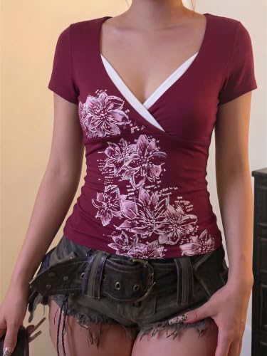 Image of EMMIOL Y2K Fairy Grunge Short Sleeve Shirts for Women Vintage Floral Graphic V Neck Cute Going Out Tops Emo Summer Tee