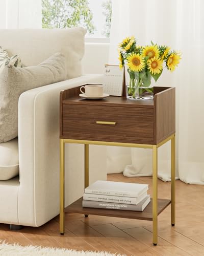 Image of Masupu Nightstand, 3-Tier Modern Bedside Night Stand with Storage Drawer and Shelf, Small End Side Table for Bedroom, Living Room, Walnut