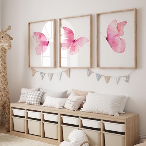 Image of Pink Butterfly Canvas Wall Art - Colorful Butterfly Prints for Girls Room & Living Room Decor - 12x16 Inch, 3 Pack, No Frame
