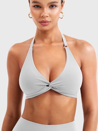 Image of YEOREO Halter Sports Bras for Women Low Impact Removable Padded Adjustable Deep V Bra Seamless Workout Gym Crop Tops