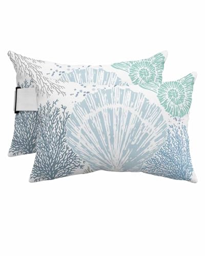 Anzona Pack of 4 Shell Coastal Lumbar Pillow Covers, Outdoor Waterproof Throw Pillow Covers Set, Teal Blue Starfish Nautical Summer Beach Decorative Cushion Case for Patio Beach, 11x16 Inch