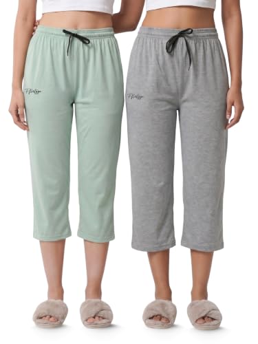 Image of Fflirtygo Women's Cotton Plain Calf Length Capri | Nightwear Short Pyjama | 3 /4th Solid Pyjama Pant | Regular Fit Casual & Lounge Wear Capri Combo (Pack of 2)