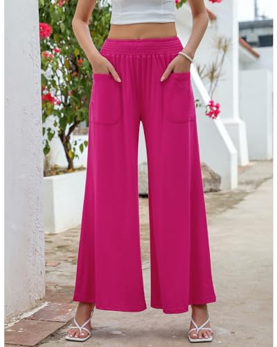 GRAPENT Wide Leg Pants for Women High Wasited Baggy Palazzo Pants Casual Pull On Bell Bottom Smocked Elastic Waist Pants2