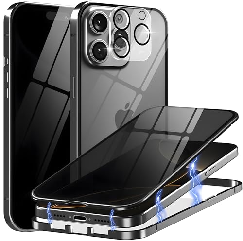 Metal Titanium Privacy Case for iPhone 16, Built-in Privacy Screen Protector & Camera Lens Protector, Magnetic Adsorption Double Sided Tempered Glass Anti Peep Anti Spy Phone Cover for Men Women