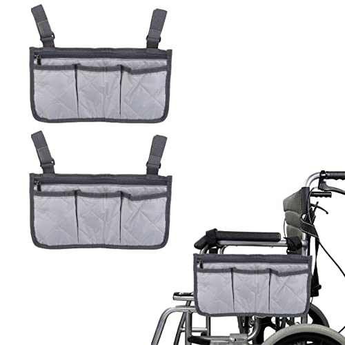 Lanito 車椅子サイド収納袋 車椅子側収納バッグ 歩行補助具サイド収納袋 ベビーカー 収納ポケット 2点セット 防水 便利 反射ストライプ付き 多機能 大容量 軽量 簡単装着 高齢者 障害者用 (灰色)