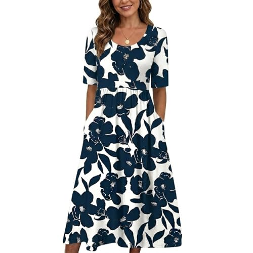 Image of Women's Boho Floral Maxi Dress Casual Boho 2026 Summer Short Sleeve Beach Dresses with Pockets