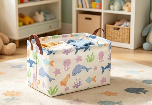 Image of Essme Rectangular Basket, Storage Basket with Handles for Room Decor,Ocean Storage Bin(Ocean)