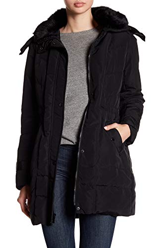 Kenneth Cole New York Women's Poly Oxford Hooded Down Coat with Removeable Faux Fur Collar, Black, Medium
