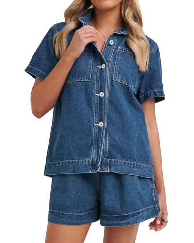 Kedera Summer Denim Set for Women 2 piece Casual Short Sleeve Boxy Shirt Tops and Shorts Pants Lounge Sets Outfits