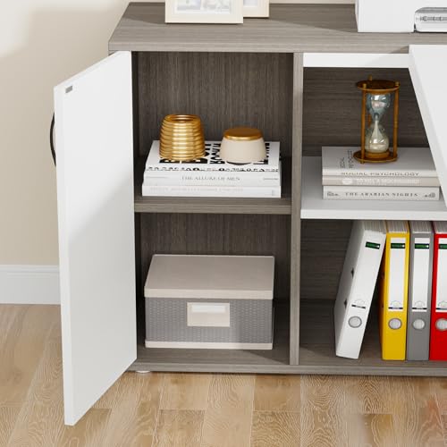 Image of Tribesigns 71 inch Executive Desk, L Shaped Desk with Cabinet Storage, Executive Office Desk with Shelves, Business Furniture Set Workstation for Home Office, Gray and White