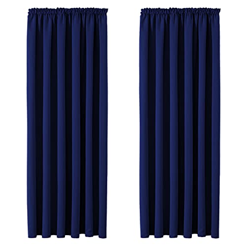 Aspire Homeware Blackout Curtains Pencil Pleat Navy Curtains for Living Room - Super Soft Thermal Insulated Tape Top Bedroom Thermal Curtain with Tie Backs 66x54 inch Drop Two Panels