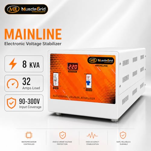Image of MuscleGrid Mainline 8 KVA Electronic Voltage Stabilizer for Home, Office & Shop, 32 Amps Load, 90V-300V Input Range, Toroidal Transformer, 220V Output, Wall Mount & Floor Mount