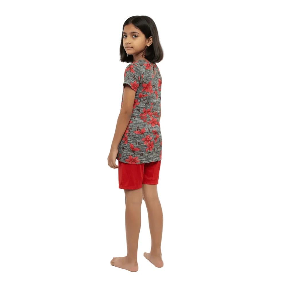 Saadhya Mart Girls Swim Costume | Grey & Red Floral Swimwear with Shorts | Half Sleeve Tunic Style | Quick Dry Stretchable Fabric | Comfortable Fit | Size 36 1