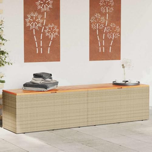 Drillkyn Baúl de jardín beis, 220 x 50 x 54 cm, polirratán, caja de almacenaje para jardín con tablero de madera de acacia, bolsa interior impermeable y muelle de gas para terraza, balcón, zona de