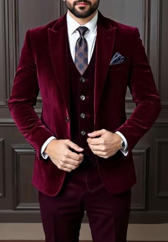 Mens Velvet 3 Piece Suits Slim Fit One Button Blazer Vest Pants Tuxedo Formal Wedding Groomsmen Set2