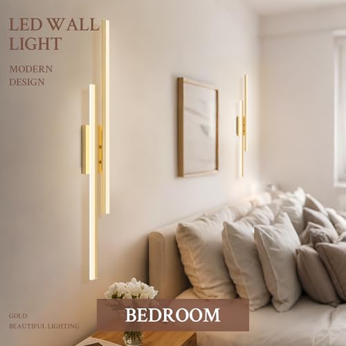 Image of LED Wall Sconce Gold Modern Remote Wall Light Fixtures for Living Room, Dimmable LED Vanity Light Indoor Remote Wall Sconce for Bedside Bedroom Bathroom Dining Room, L39.4inch 1 Pack