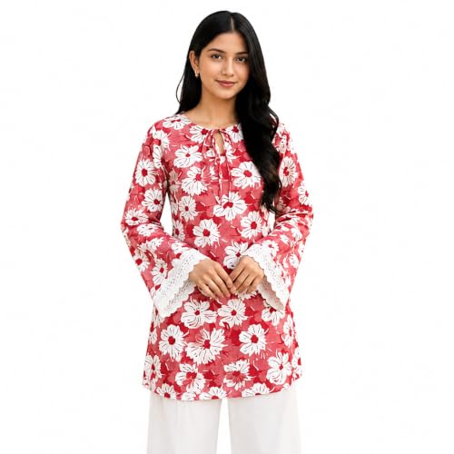 Image of Women's Floral Print Kurti with Lace Bell Sleeves, Red | Tie-Neck Detail, Bell Sleeves, Lace Trim Cuffs, Ethnic Wear